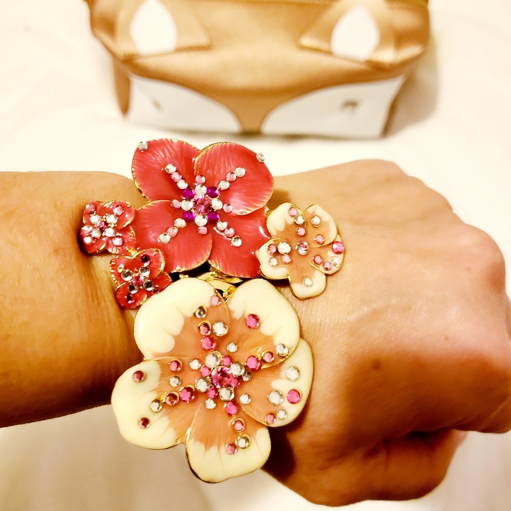 Floral enamel & crystal bracelet, pink & cream